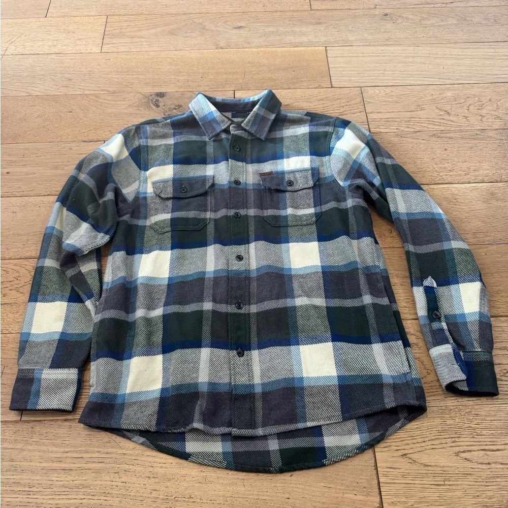 Orvis Mens Plaid Flannel Button Down Shirt Blue Green Medium Side Pockets (1098)